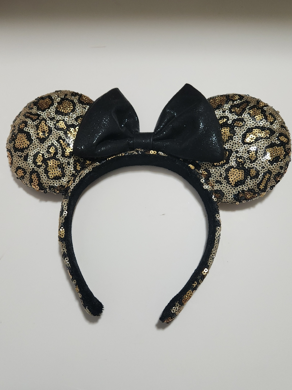 Leopard Sequin Minnie Ears Headband with Black Bow